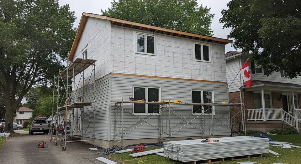 New siding being installed on the side wall of a Guelph home